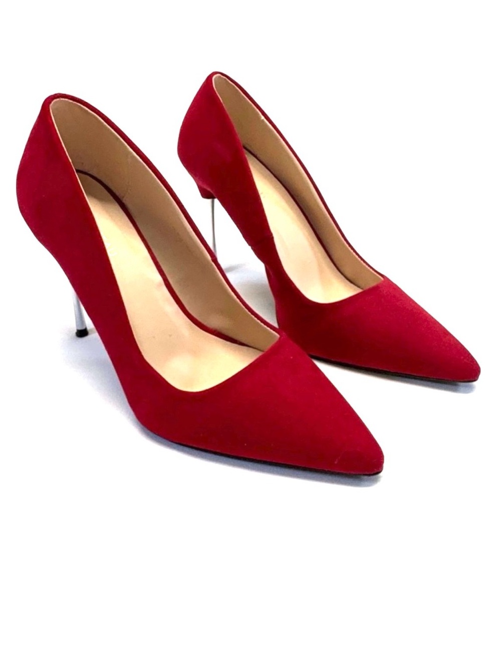 Le Château Red Suede Pointed-Toe Pumps with Silver Stiletto Heels - Size 7